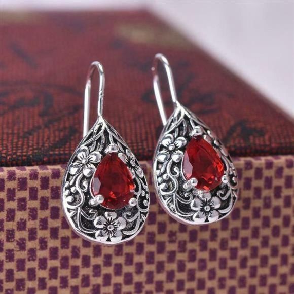 Women's Earring Artificial Red Ruby Drop Earrings 925 Silver Plated Boho Style - Picture 5 of 6